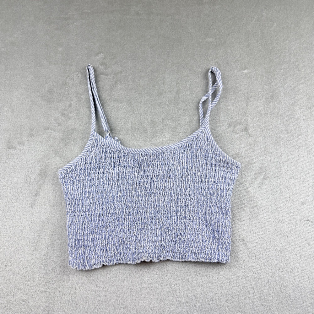 Brandy Melville Women's OS Blue White Striped Smocked Crop Tank Top